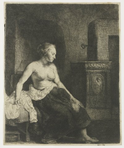 半身裸でストーブのそばに座っている女性 作： Rembrandt van Rijn