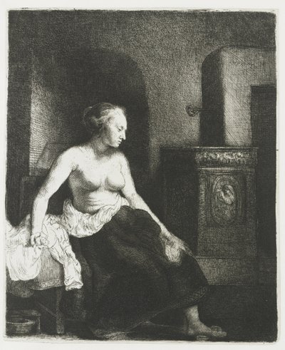 半身裸でストーブのそばに座っている女性 作： Rembrandt van Rijn