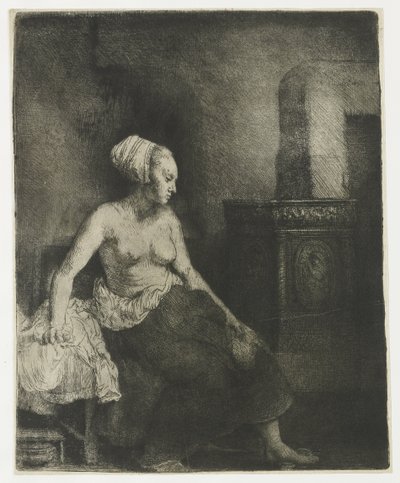 半身裸でストーブのそばに座っている女性 作： Rembrandt van Rijn