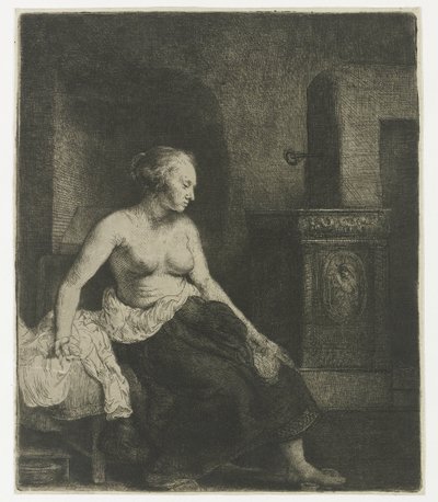半身裸でストーブのそばに座っている女性 作： Rembrandt van Rijn