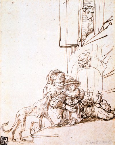 犬を恐れる子供を持つ女性、17世紀 作： Rembrandt van Rijn