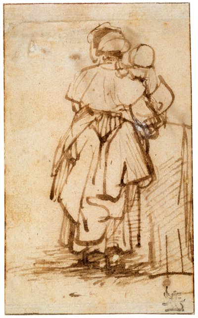 彼女の膝の上に子供を持つ女性、1640年代。 作： Rembrandt van Rijn