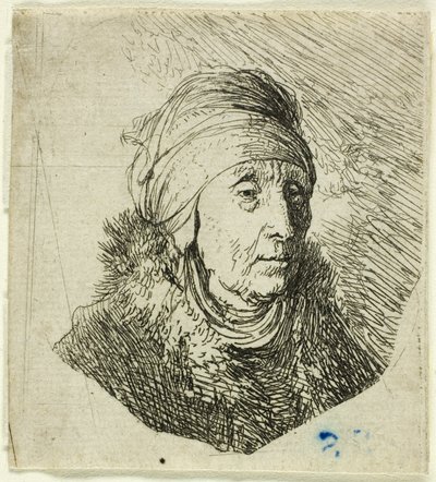 頭飾りを高くあごに巻いた女性：バスト 作： Rembrandt van Rijn