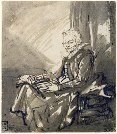 ラップの上に開いた本を持つ女性、1639年頃 作： Rembrandt van Rijn