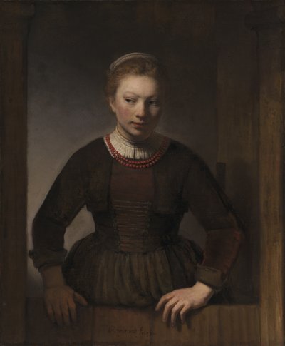オープンハーフドアの若い女性、1645 作： Rembrandt van Rijn