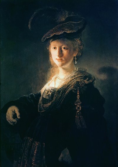 デザインの凝った服の若い女性 作： Rembrandt van Rijn