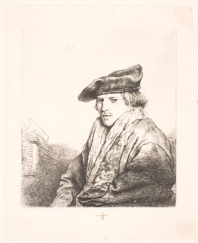 彼のそばに本を持つベルベット キャップの若い男 作： Rembrandt van Rijn