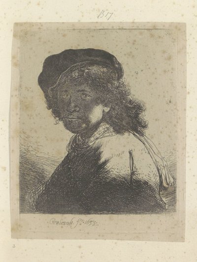 ベレー帽とネッカチーフの自画像、影の中にいる顔 Requeil de quatre-vingt-cinq estampes originales (シリーズタイトル) 作： Rembrandt van Rijn