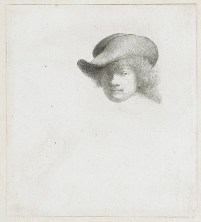 だらしなくかぶった帽子と加工されたマントを身につけた自画像 作： Rembrandt van Rijn