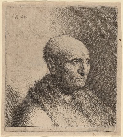 毛皮のマントを着たハゲ男 作： Rembrandt van Rijn and Studio of Rembrandt