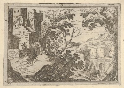 左に建物があり、右下に橋がある風景。 1620-50。 作： Remigio Cantagallina