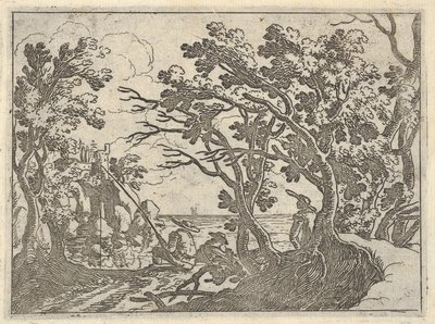陸上の漁師と木の下の男性の見物人、船首の男の風景...、ca。 1620-50。 作： Remigio Cantagallina