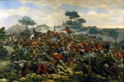 リソルジメント：ジュゼッペ・ガリバルディ（1807-1882）の部隊、サウザンドと2つのシチリア王国の軍隊との間で行われたシチリア島のカラタフィミの戦い 作： Remigio Legat