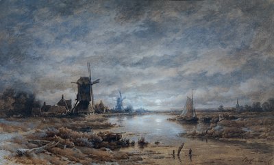 月夜（風車と船のある運河風景） 作： Remigius Adrianus van Haanen
