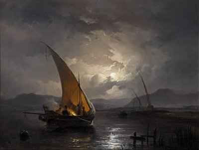 1860年以降、火が灯されている帆船のある夜の風景（帆布に油彩） 作： Remigius van Haanen