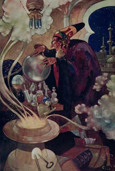 「アラビアン ナイト」からの「長くて慎重な魔法の調査の経過の後」（カラー リソ） 作： René Bull