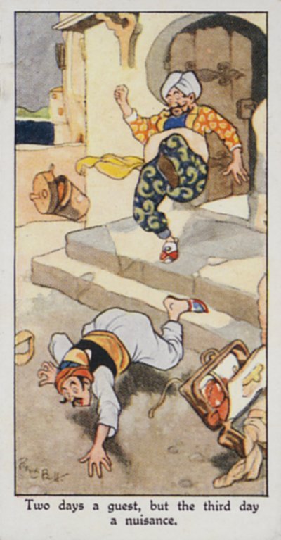 東洋のことわざ。二日目は客、三日目は迷惑（カラーリトグラフ 作： René Bull