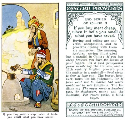 肉を安く買うと、沸騰すると保存した臭いがする、1932 作： René Bull