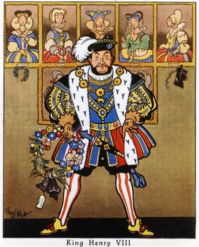 ヘンリー8世がホリー、ヤドリギ、クリスマスのリースで妻の肖像画を飾った1936年 作： René Bull