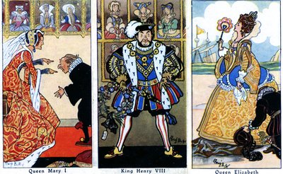ヘンリー8世と2人の娘、メアリー1世、エリザベス1世、1936年 作： René Bull