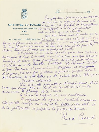 バー・デュ・シャトーの会合の完全な資料」からの手紙 作： René Crevel