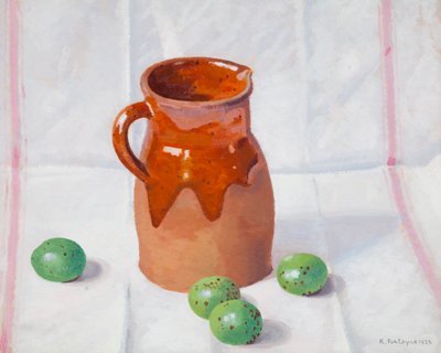 陶器の水差しと緑のイチジク 作： René Fontayne