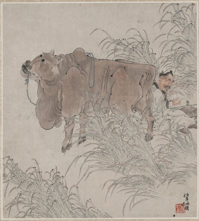 牛のそばで読書 作： Ren Yi
