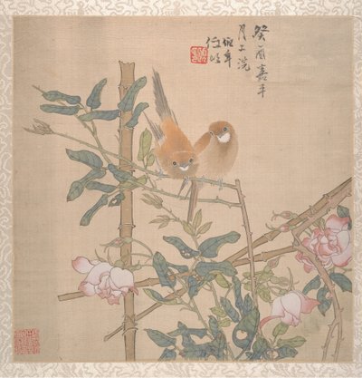 19世紀後半の開花ローズブッシュに腰掛けた2羽の鳥。 作： Ren Yi
