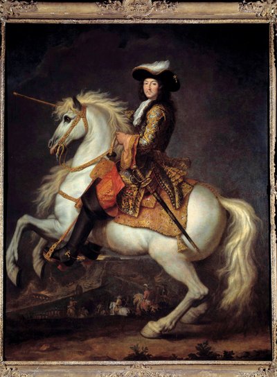 ルイ14世（1638-1715）の馬上の肖像。ブーツのショートパンツ。ルネ・アントワーヌ・ウアス（1645-1710）の絵画 17世紀の太陽。2,55 x 2 m 作： René Antoine Houasse