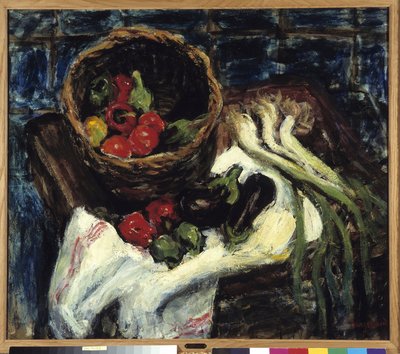 野菜かごの静物 ピーマン、ナス、リーキ（キャンバスに油彩） 作： Rene Auguste Seyssaud