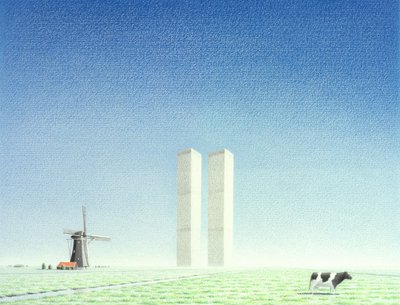 ツインタワー、2001年、紙に色鉛筆画 作： Rene Boin