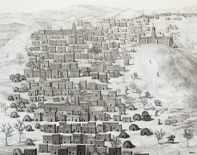 レネ・カイリー（1799-1838）が1824年から1828年の間に行った「中央アフリカからティンブクトゥまでの旅」の版画、マリ共和国のティンブクトゥの街並み 作： Rene Caillie