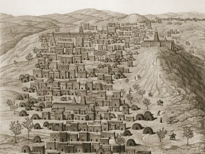 丘からのティムブクトゥの町の一部の眺め、ジャーナルドゥンヴォヤージュ、トンブクトゥエジェンヌ、1830年のイラスト 作： Rene Caillie