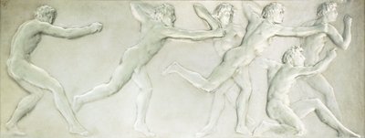 6人の裸の男性アスリートを描いた成形ガラスのフィギュアパネル、 作： Rene Jules Lalique