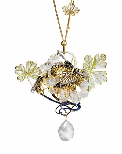アールヌーボーのエナメル、ダイヤモンド、パールのペンダントネックレス 作： Rene Jules Lalique