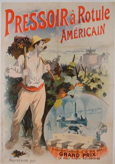 リヨン万国博覧会に出展されたアメリカのワインプレスの宣伝ポスター 作： Rene Pean