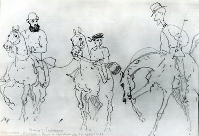 3人の騎手：父、アルフォンス伯爵、芸術家の間のアンリドトゥールーズロートレック（1864-1901） 作： Rene Princeteau