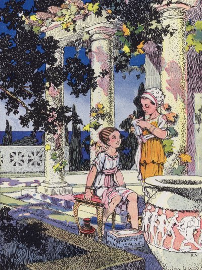 ユリウス・カエサルの時代のローマの少女（カラーリトグラフ 作： Rene Vincent