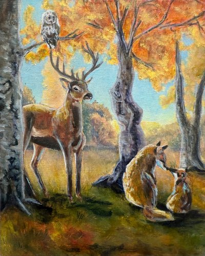 秋の森の野生動物 作： Renee Machan Cottagecore Artist