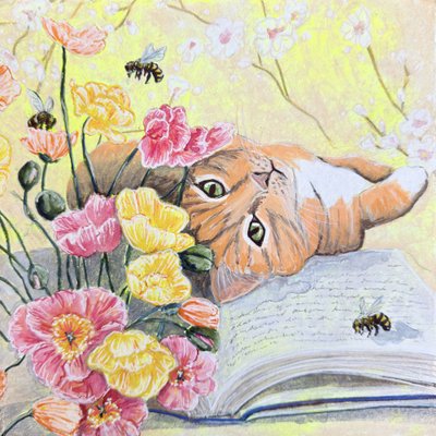 ポピーの花畑の猫 作： Renee Machan Cottagecore Artist