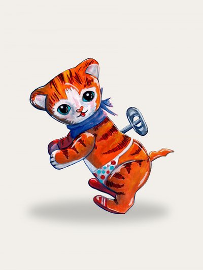 かわいいゼンマイ式の子猫 作： Renee Machan Cottagecore Artist