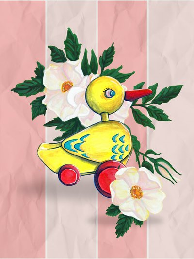 遊び心あふれるアヒルとバラ 作： Renee Machan Cottagecore Artist