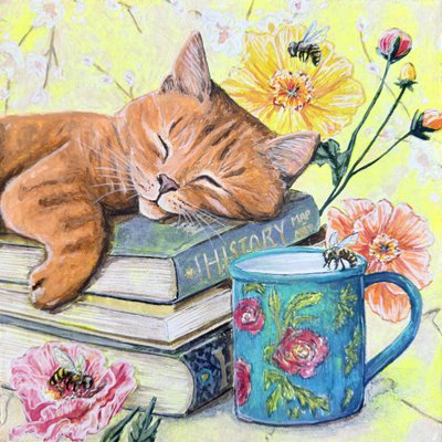 本に囲まれて眠る猫 作： Renee Machan Cottagecore Artist