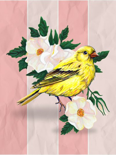 イエロー・バード・ワイルド・ローズ 作： Renee Machan Cottagecore Artist
