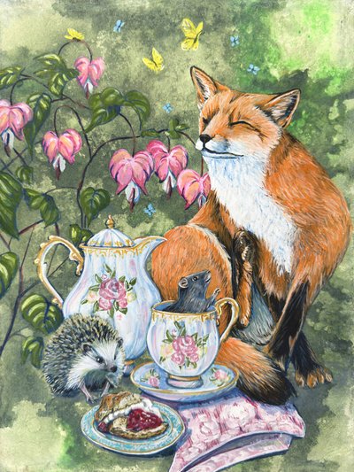 「アフタヌーンティー」キツネ、ハリネズミ、ネズミとブリーディングハートの花 レニー・マチャン作 作： Renee Machan Cottagecore Artist