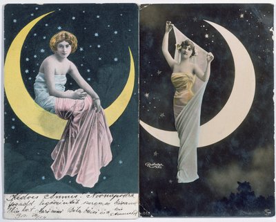女性と三日月（1910年頃）を描いたハンガリー語（L.）とフランス語（R.）のポストカード（カラー写真） 作： Reutlinger Studio
