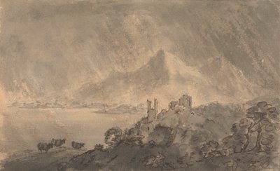 嵐の空の下で遠くの山と湖の上の城 作： Rev. William Gilpin