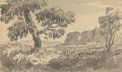 二本の木と崖のある風景 作： Rev. William Gilpin