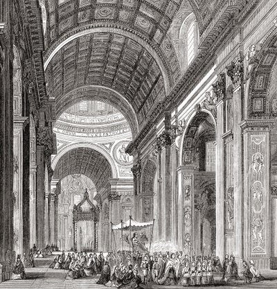 19世紀後半のイタリア、ローマ、バチカン市国のサン・ピエトロ大聖堂内部の行列。1890年頃に出版されたサミュエル・マニング師によるイタリアの写真より。 作： Reverend Samuel Manning