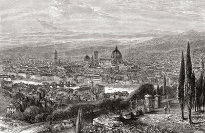 19世紀後半、サン・ミニアートのテラスから見たイタリア、トスカーナ州フィレンツェの風景。1890年頃に出版されたサミュエル・マニング師によるイタリア絵画より。 作： Reverend Samuel Manning